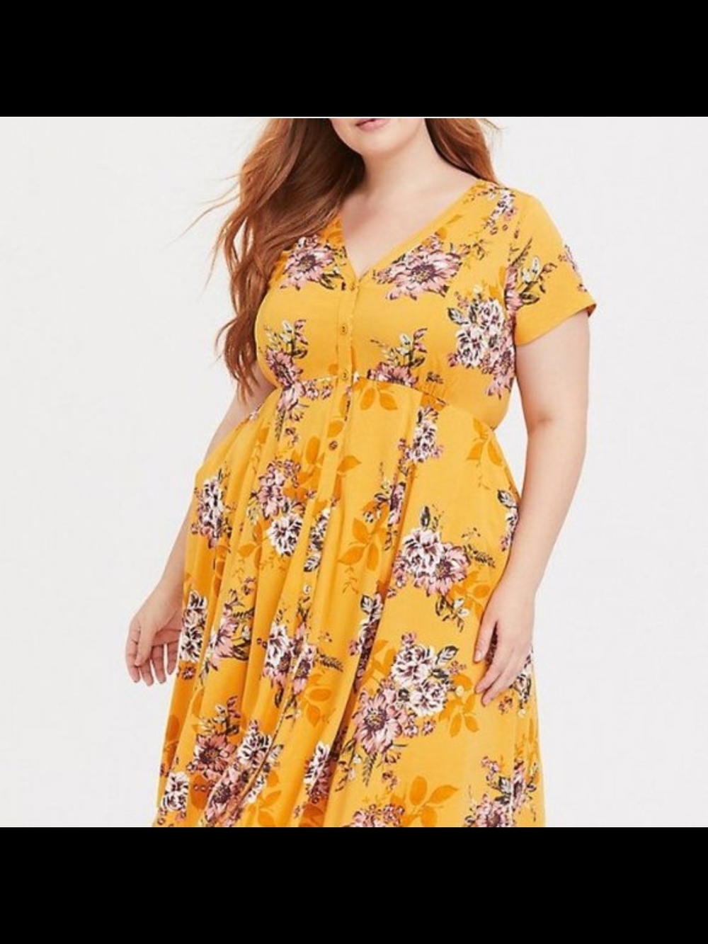 Plus Size Yellow Floral V-Neck Button Front Dress